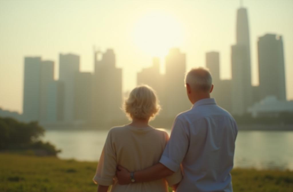 A serene image of a couple enjoying retirement with a view of Singapore city skyline.